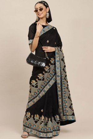 Black Vichitra Silk with Zari Embroidered Saree