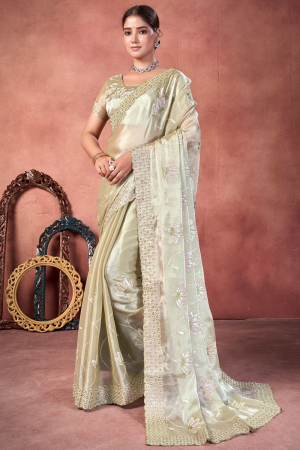Blonde Embroidered Silk Saree for Party
