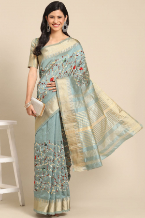 Blue Assam Cotton Silk Jacquard Woven Embroidery Work Party Wear Saree