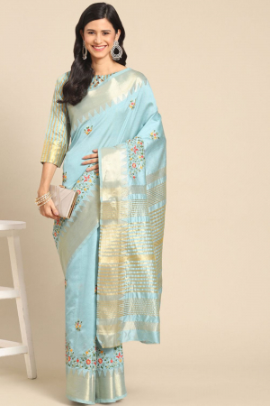 Blue Assam Cotton Silk with Golden Border And Multicolor Thread Embroidered Work Party Wear Saree