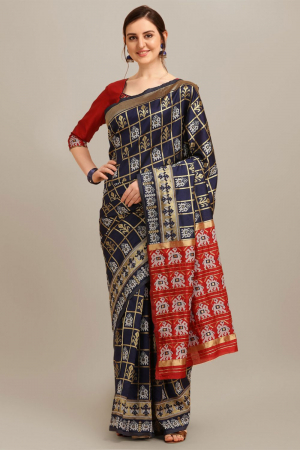 Blue Banarasi Cotton Silk Patola Pattern Weaving Printed Party Wear Saree