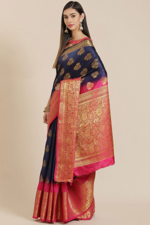 Blue Banarasi Silk Golden Border Jacquard Printed Party Wear Saree