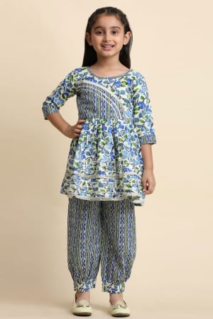 Blue Cotton Printed Kurta and Afghani