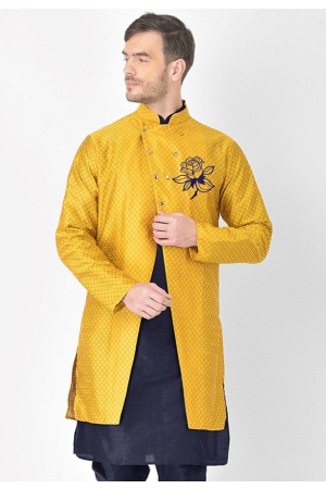 Blue Dupion Silk Kurta with Yellow Jacket