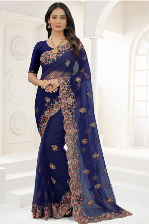 Blue Net Heavy Embroidered Saree