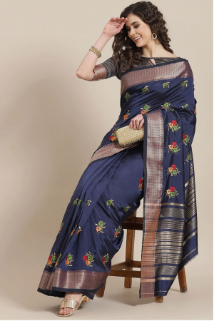 Blue Soft Cotton Silk Colourful Thread Embroidery Work Party Wear Saree