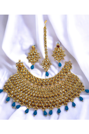Blue Studded Gold Plated Choker Necklace Set