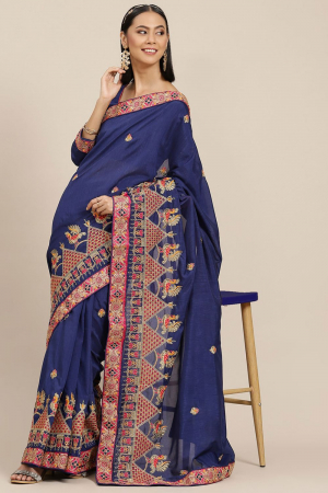 Blue Vichitra Silk with Zari Embroidered Saree