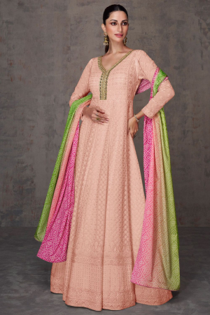 Blush Peach Embroidered Faux Georgette Anarkali Suit