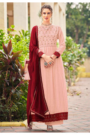 Blush Peach Embroidered Faux Georgette Palazzo Kameez