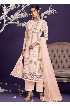 Blush Peach Embroidered Georgette Trouser Kameez