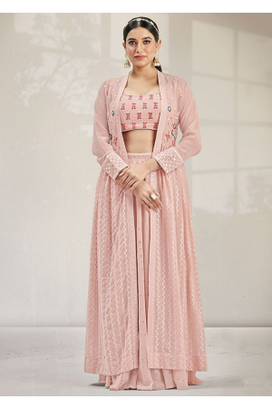 Blush Peach Georgette Crop Top with Lehenga and Jacket