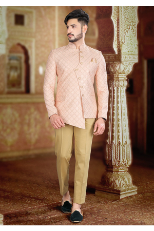 Blush Peach Lakkhnavi Work Silk Men Jodhpuri Suit