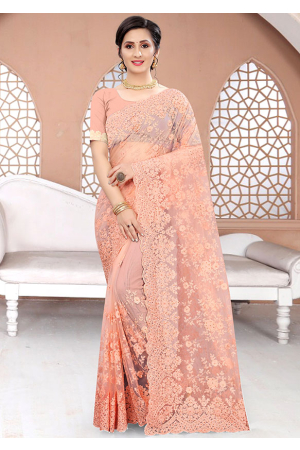 Blush Peach Resham Embroidered Net Saree