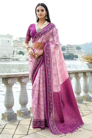 Blush Pink and Magenta Woven Silk Saree