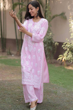 Blush Pink Chikankari Embroidered Rayon Kurta Set