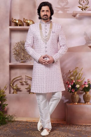 Blush Pink Embroidered Art Silk Designer Sherwani