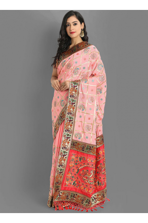 Blush Pink Embroidered Chinnon Silk Saree