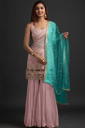 Blush Pink Embroidered Faux Georgette Sarara Kameez