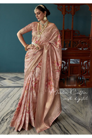 Blush Pink Floral Print Woven Silk Saree