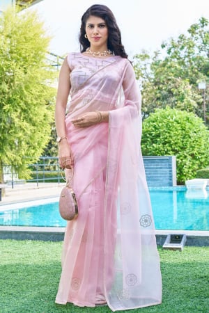 Blush Pink Hand Embellished Organza Saree
