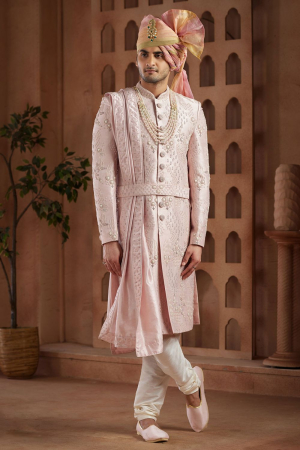 Blush Pink Heavy Wedding Wear Sherwani