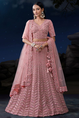 Blush Pink Net Heavy Sequins Embroidered Lehenga Choli Set