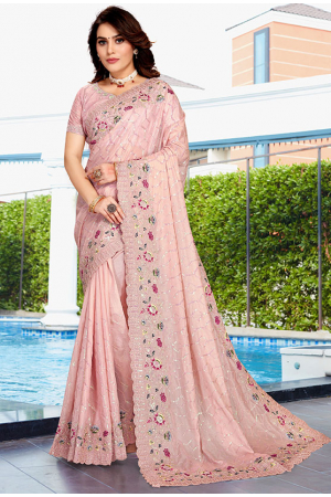 Blush Pink Resham Embroidered Crepe Silk Saree
