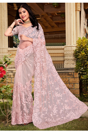 Blush Pink Resham Embroidered Net Saree