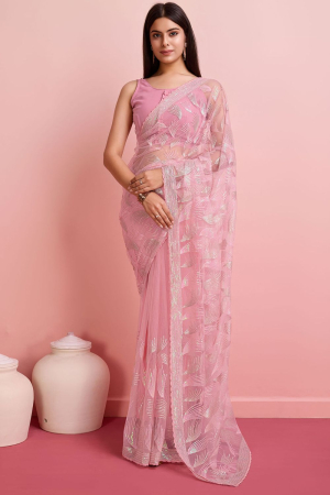 Blush Pink Sequins Embroidered Net Saree