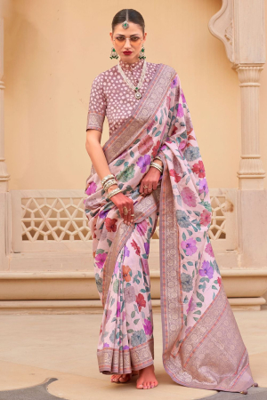 Blush Pink Silk Floral Printed Saree