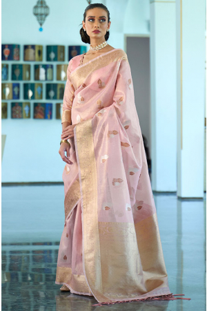 Blush Pink Tissue Zari Saree