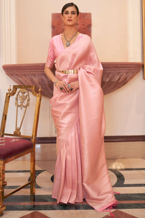 Blush Pink Weaving Handloom Silk Saree