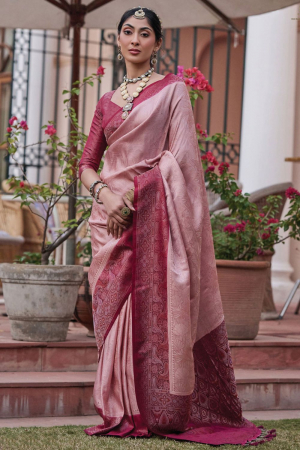 Blush Pink Woven Satin Saree for Wedding