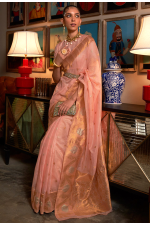 Blush Pink Zari Weaving Handloom Silk Saree