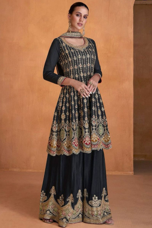 Midnight Blue Embroidered Faux Georgette Palazzo Kameez