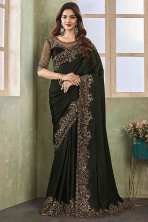 Olive Green Chiffon Saree with Embroidered Blouse