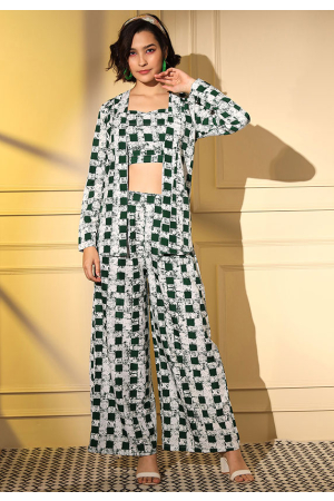 Bottle Green and White Printed Crepe 3 Pc Co-Ord Set