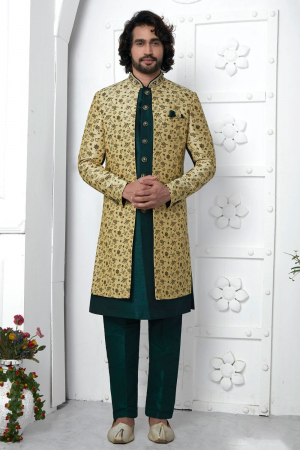 Bottle Green and Yellow Jacquard Silk 3 Pc Indo Western Outfit