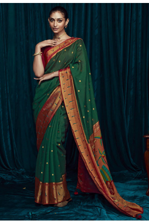 Bottle Green Brasso Saree with Embroidered Blouse