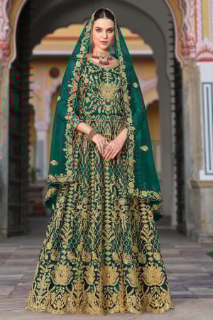 Bottle Green Butterfly Net Heavy Embrodiered Anarkali Suit