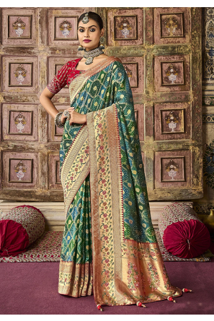 Bottle Green Designer Silk Saree with Embroidered Blouse