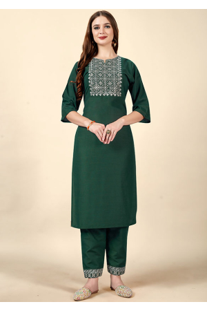 Bottle Green Embroidered Cotton Rayon Kurti with Pant