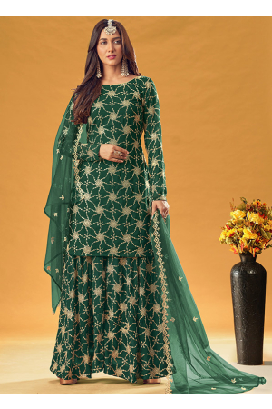 Bottle Green Embroidered Faux Georgette Palazzo Kameez