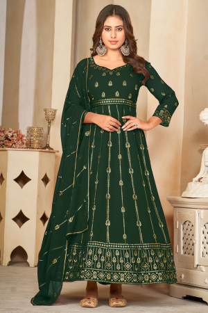 Bottle Green Embroidered Georgette Anarkali Suit for Party