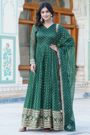 Bottle Green Embroidered Jacquard Gown with Dupatta