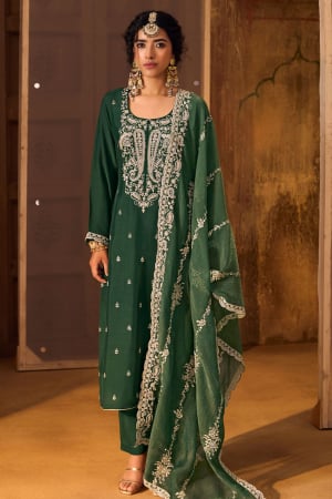 Bottle Green Embroidered Pure Bemberg Silk Plus Size Suit