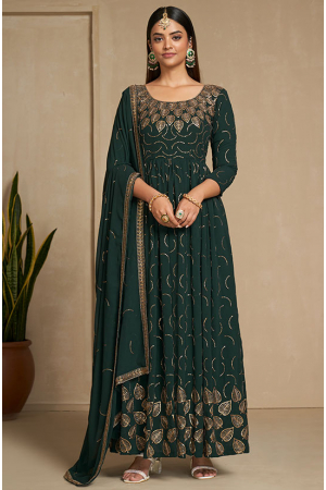 Bottle Green Faux Georgette Gown with Dupatta