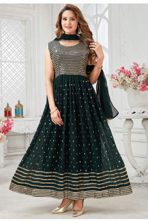 Bottle Green Faux Georgette Gown with Dupatta