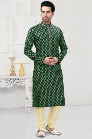 Bottle Green Festival Wear Printed Cotton Kurta Set
